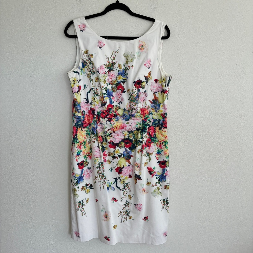 Talbots Sheath Dress Womens 12 White Floral Sleeveless Cotton Blend Back Button